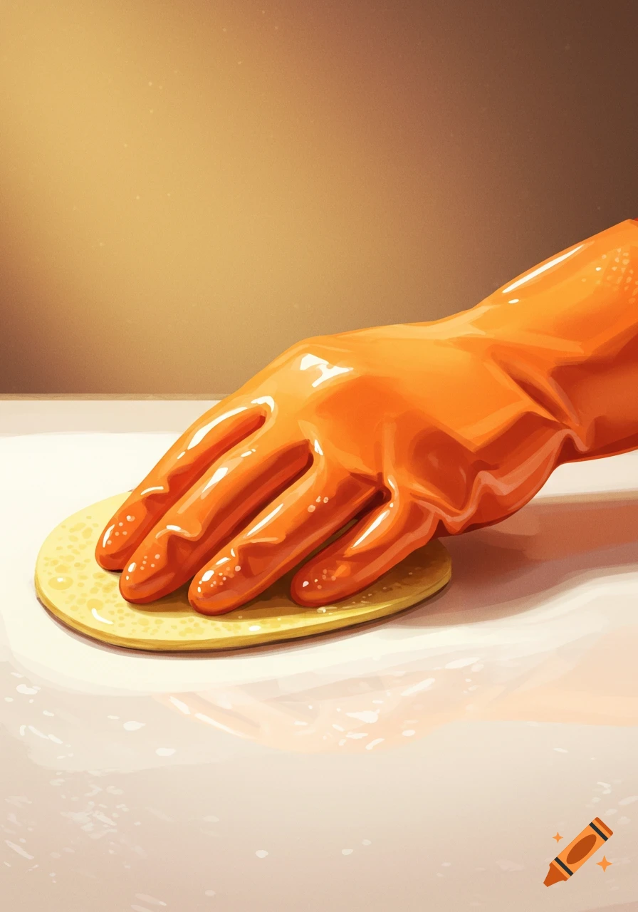 Hand in orange rubber glove wiping surface with round object, illustration