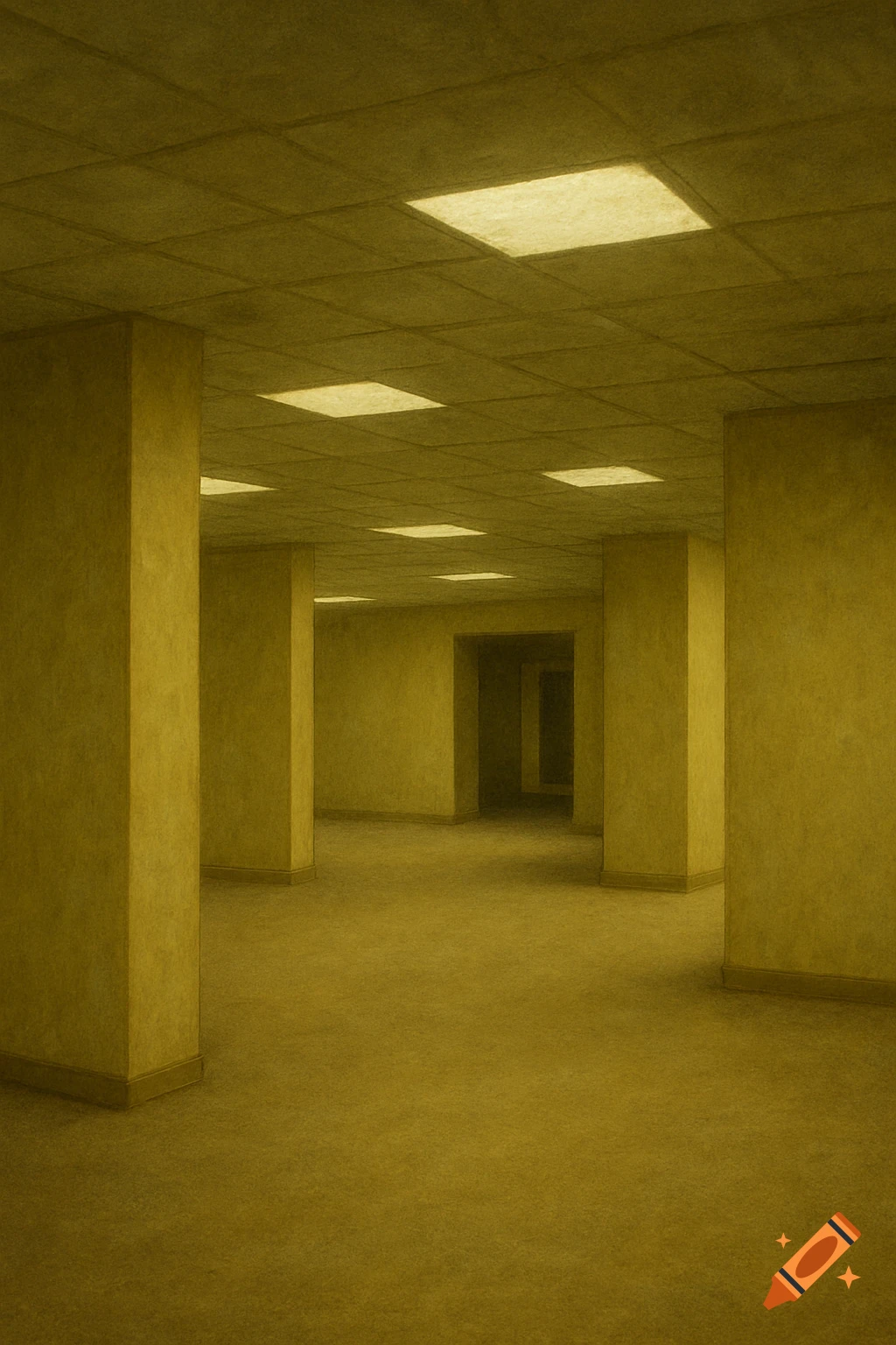 An empty, yellow room with pillars and fluorescent lights, resembling the Backrooms.