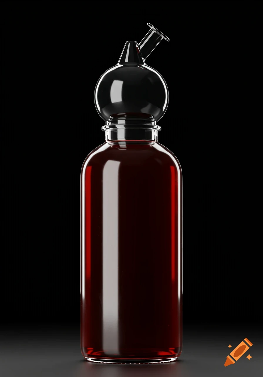 A glossy red bottle with a black spherical cap and spout, rendered against a black background.