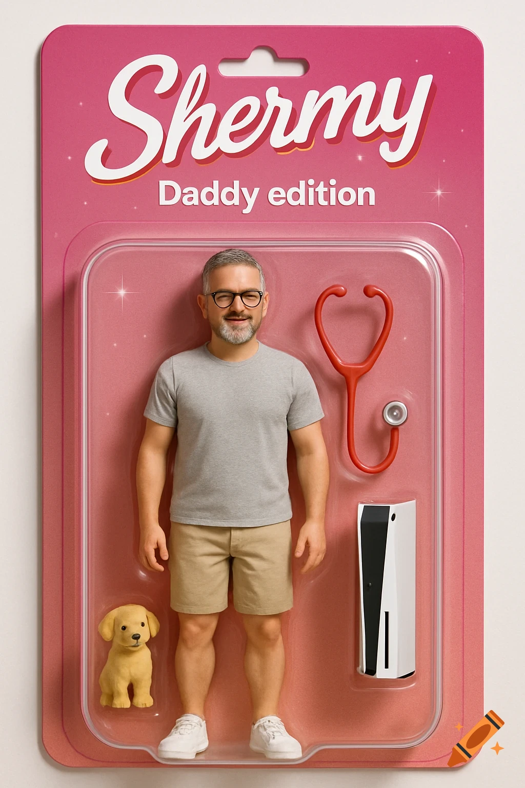 Photorealistic image of a middle-aged man in a toy package labeled 'Shermy Daddy edition', with a toy dog, stethoscope, and game console accessories.