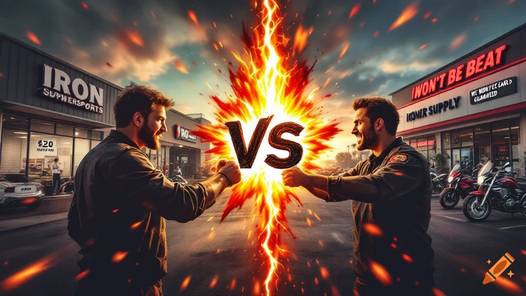 Two men face off in front of stores with a fiery VS symbol between them, dramatic lighting.