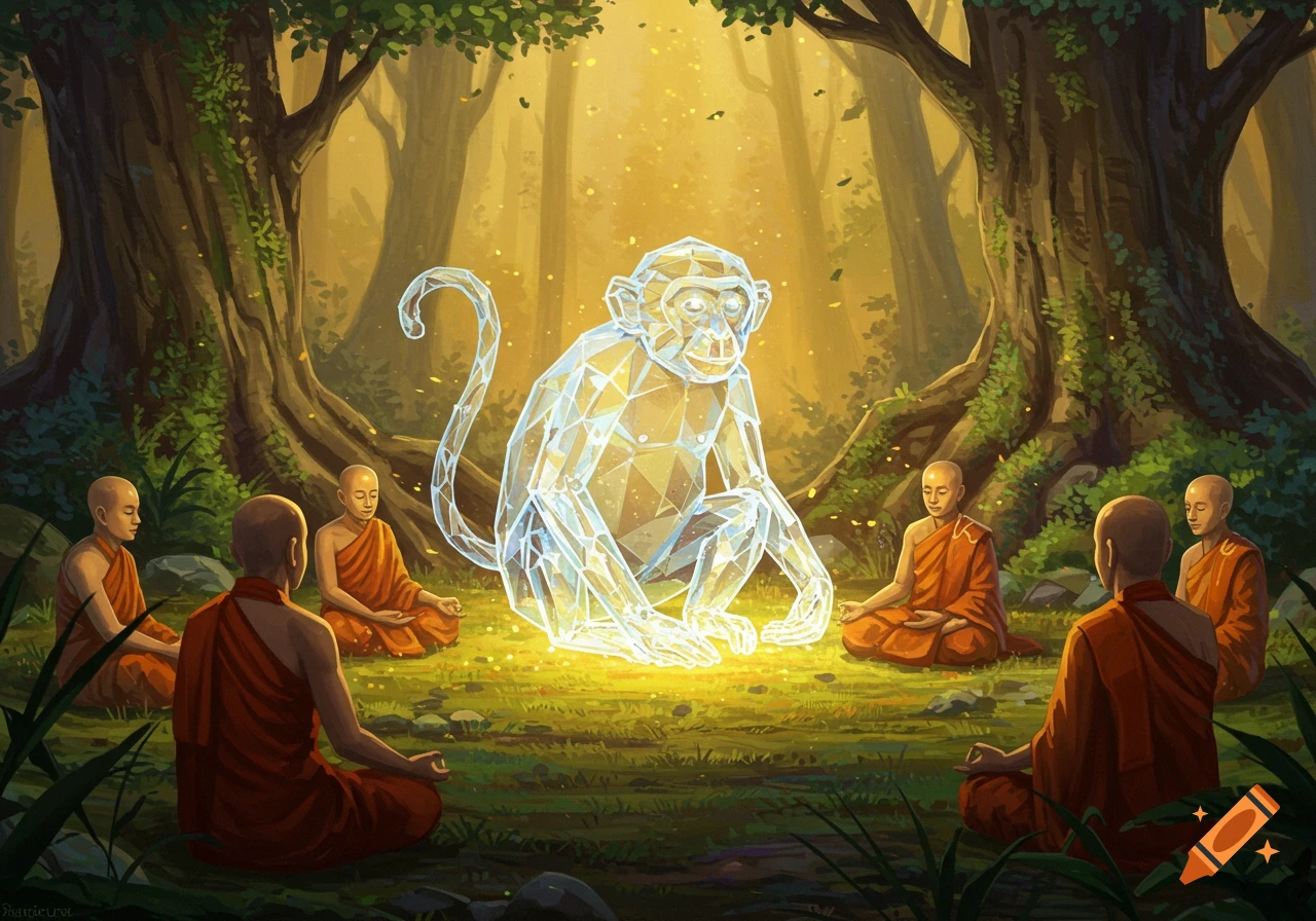 Monks meditate around a glowing crystal monkey in a sunny forest clearing, digital painting.