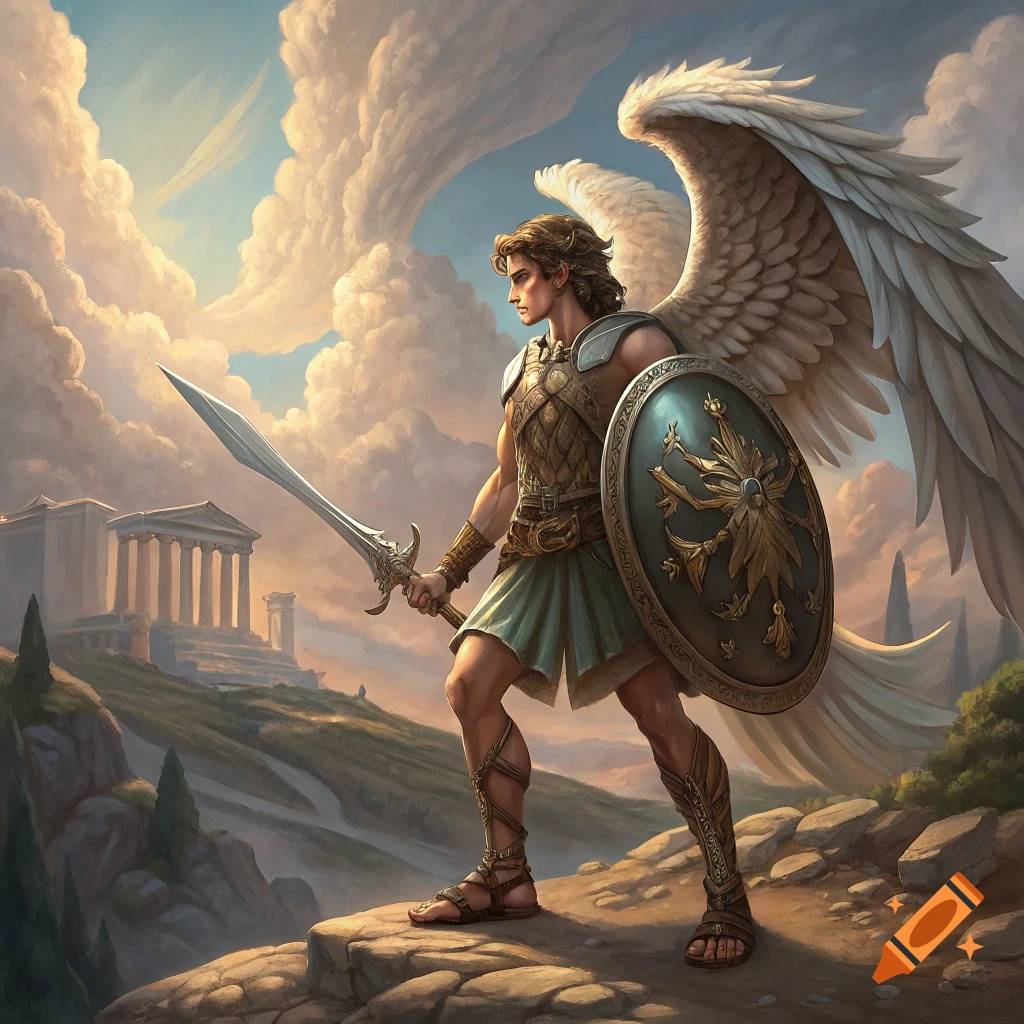A winged warrior stands on a hill with a sword and shield, overlooking a classical temple under a dramatic sky.