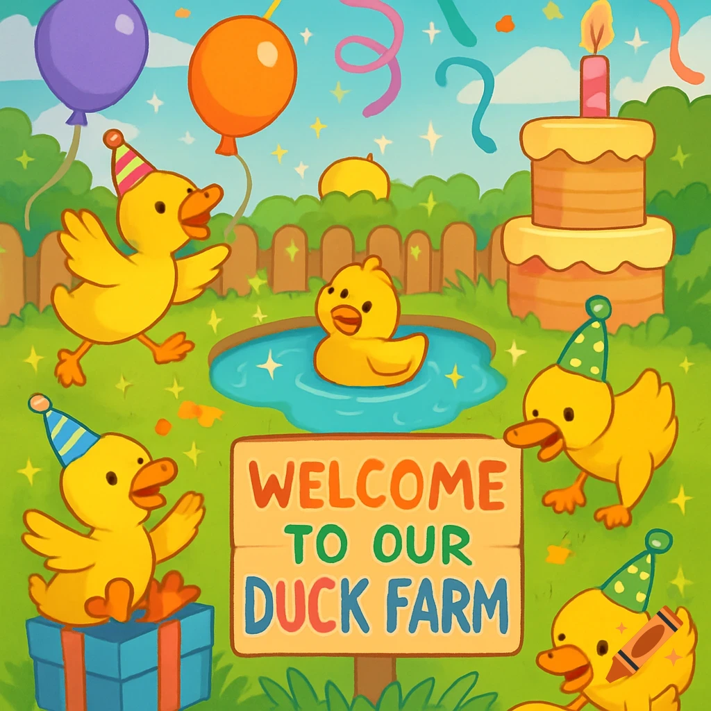Cartoon illustration of yellow ducks having a party in a backyard with balloons, a cake, a pond, and a sign saying "Welcome to Our Duck Farm".