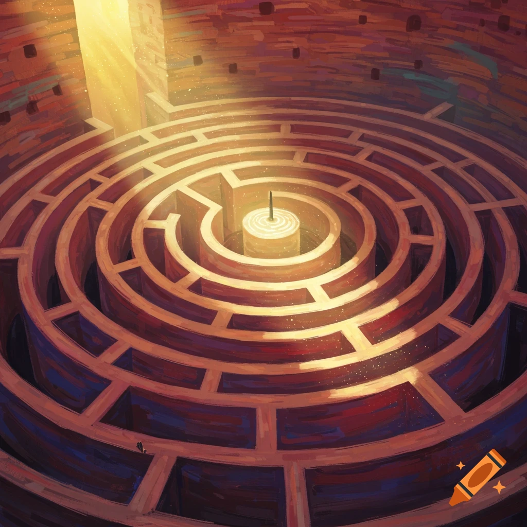 A circular labyrinth with tall walls, a central glowing pillar, and a small figure near the edge, painted digitally with visible brushstrokes.