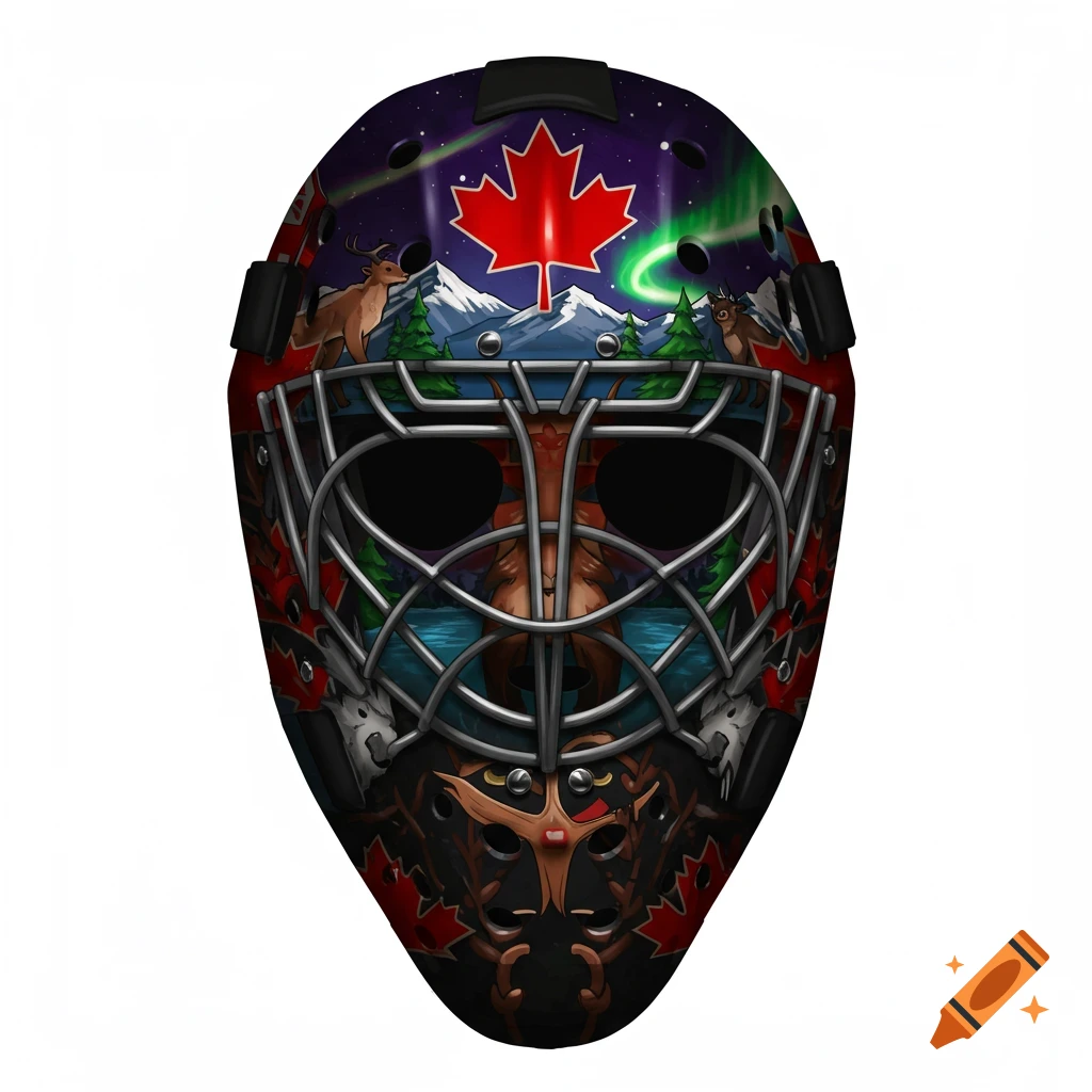 A hockey goalie mask is painted with a Canadian landscape scene featuring a maple leaf, mountains, aurora borealis, deer, and trees.