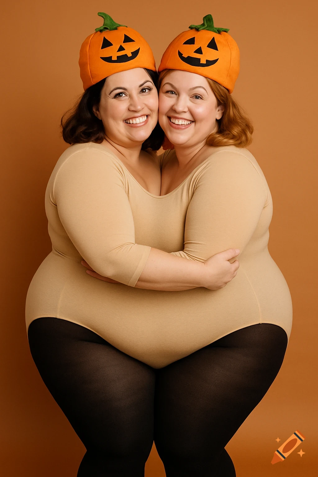 Two smiling women in pumpkin hats hug, creating a two-headed body illusion against an orange background.