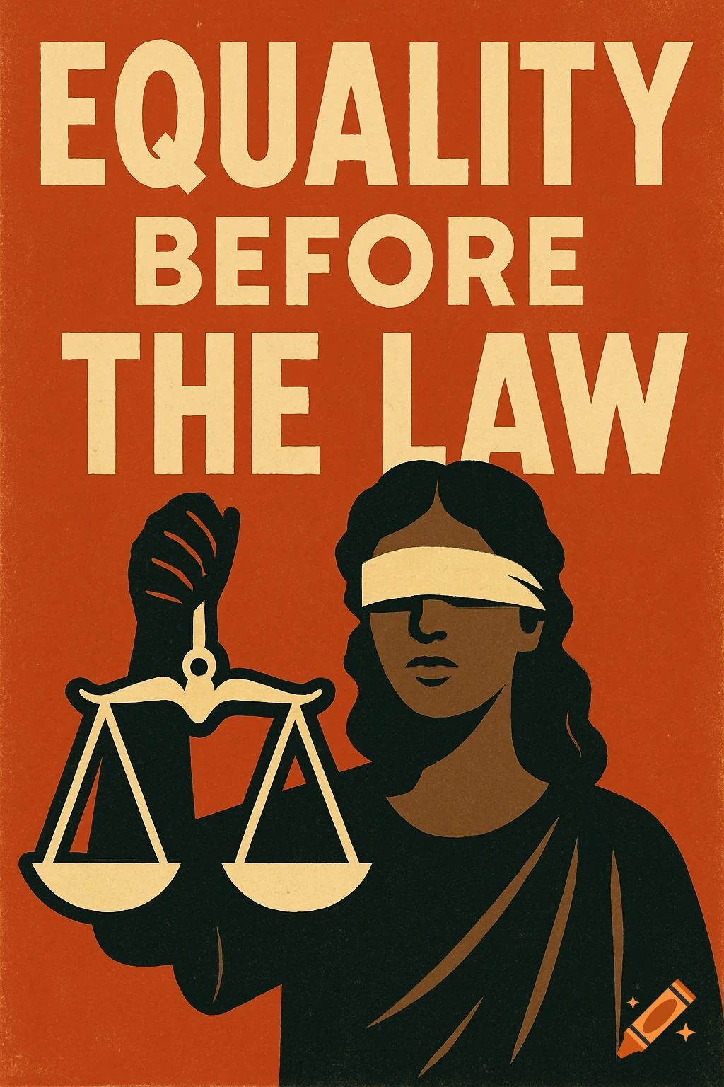 A stylized graphic poster reads "EQUALITY BEFORE THE LAW" above a blindfolded figure holding scales of justice.