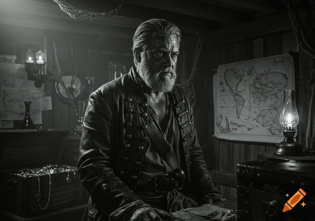 Black and white film noir portrait of a pirate captain in his quarters with a map and treasure