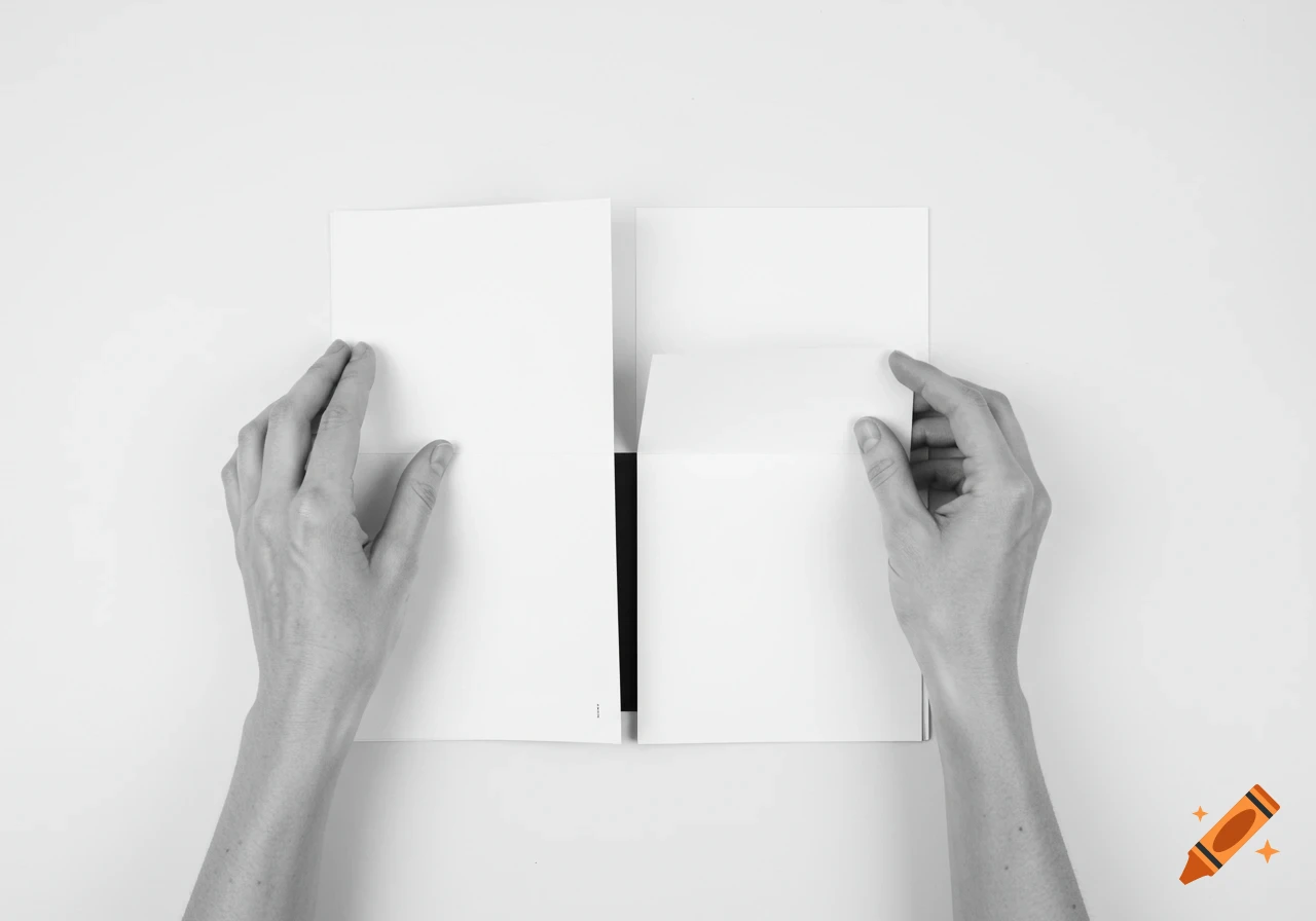 Top down view of hands folding paper to make a zine, black and white.