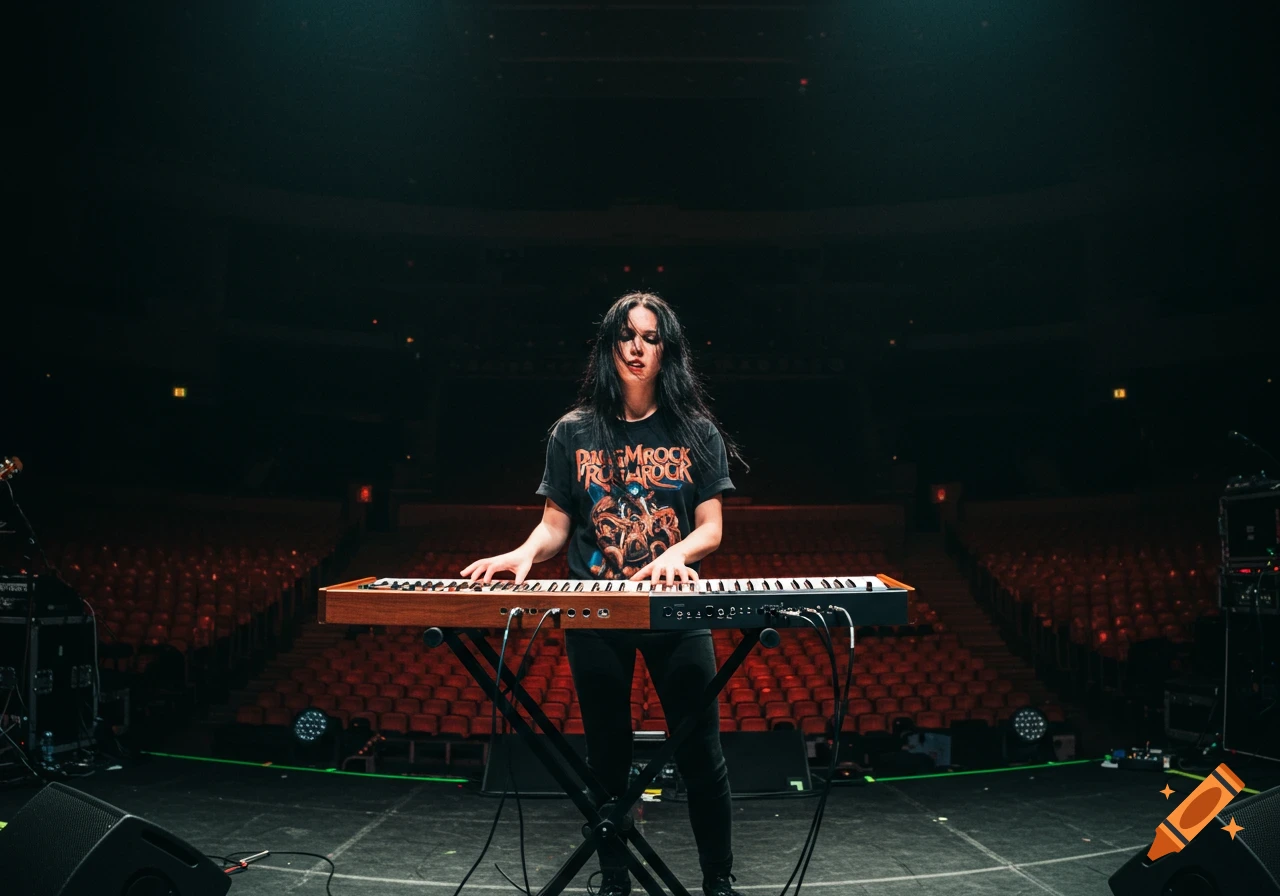Female keyboard player performing on a stage in an arena
