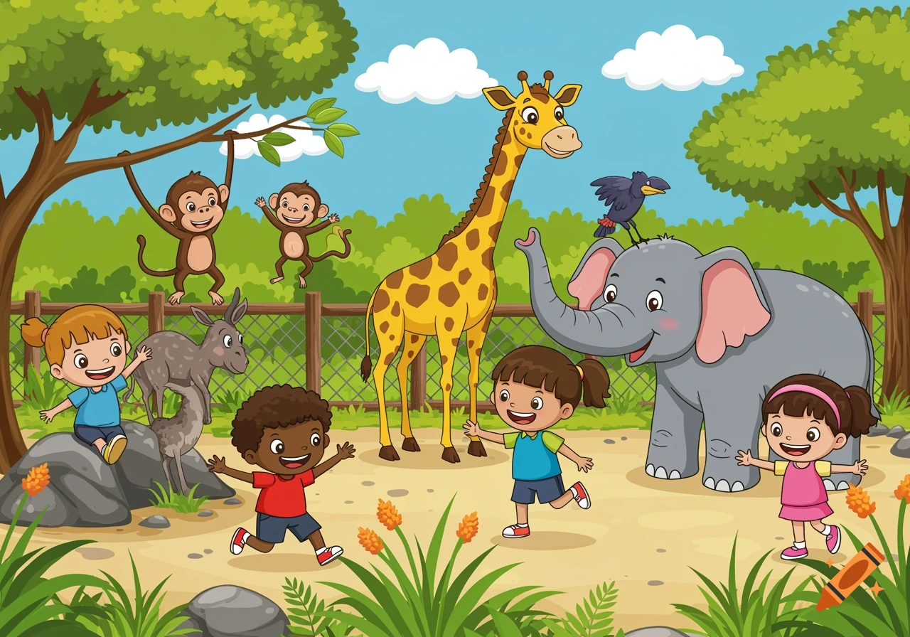 Cartoon illustration of children interacting with animals at a zoo, including monkeys, a giraffe, an elephant, and a donkey.