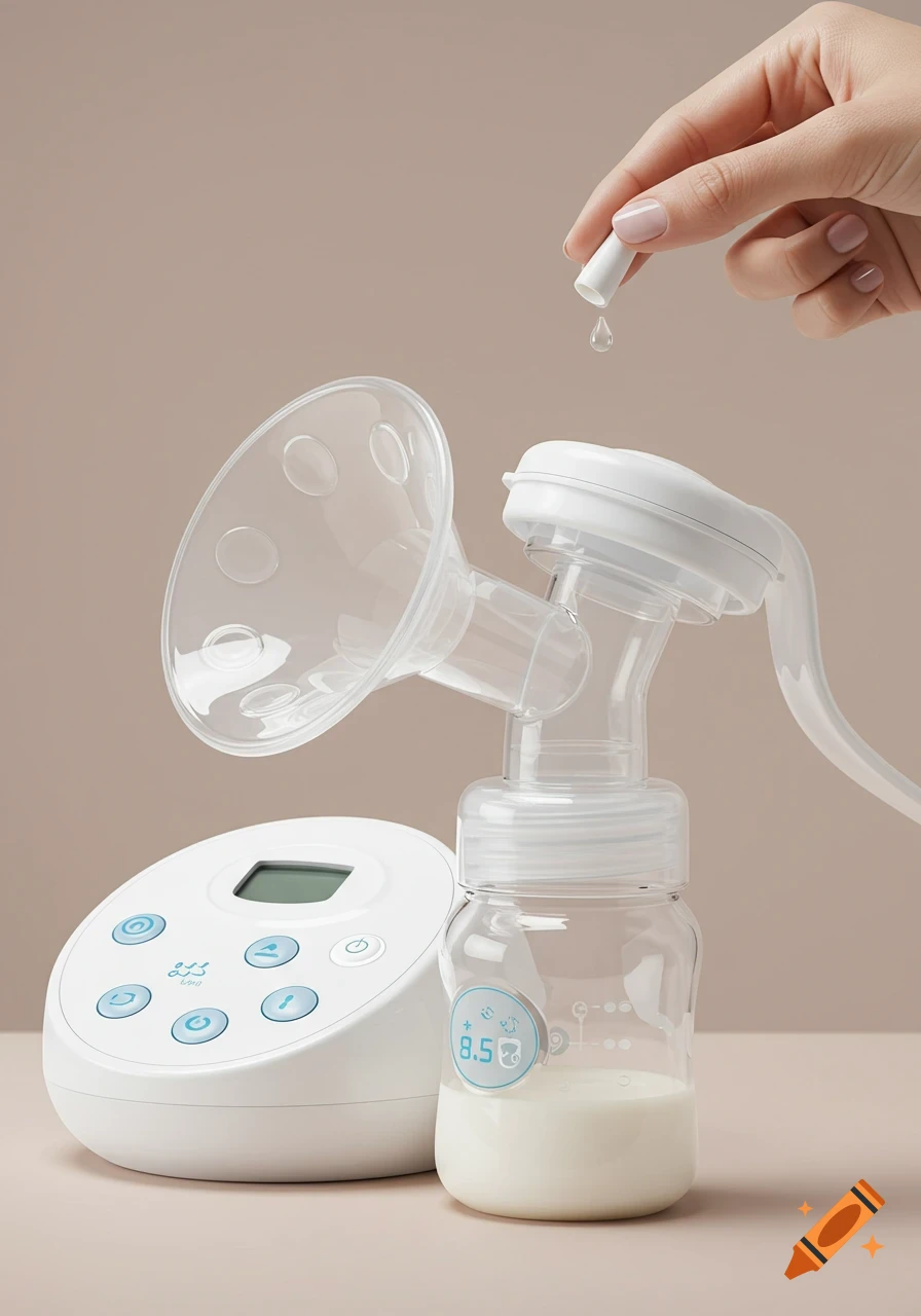 Photorealistic image of a breast pump with a bottle of milk, and a hand dropping liquid into the bottle.