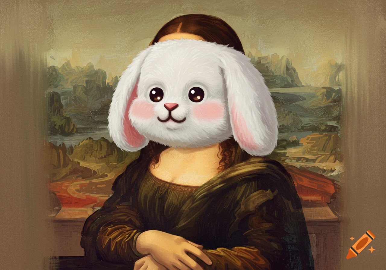Mona Lisa painting with a fluffy white rabbit head superimposed
