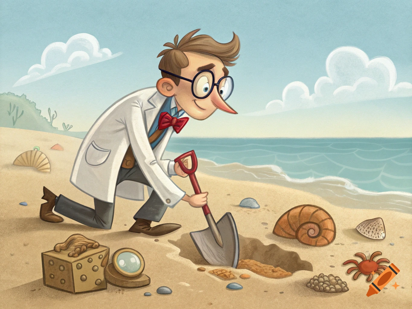 Cartoon illustration of a scientist in a lab coat digging on a beach surrounded by shells.
