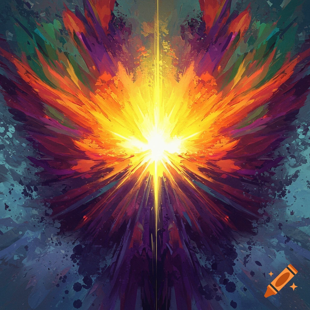 Abstract painting of a radiant explosion of light and color forming wing-like shapes against a dark background.