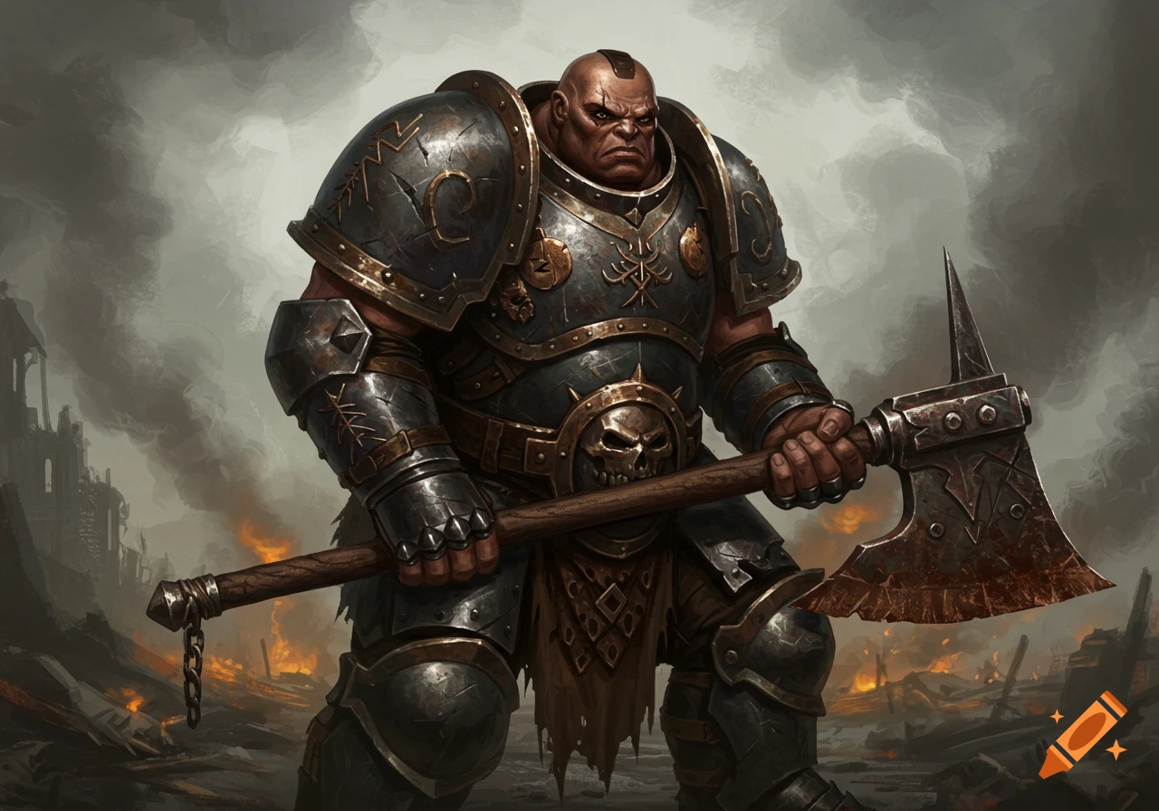 A hulking, heavily armored warrior holding a large axe stands in a smoky, ruined battlefield.