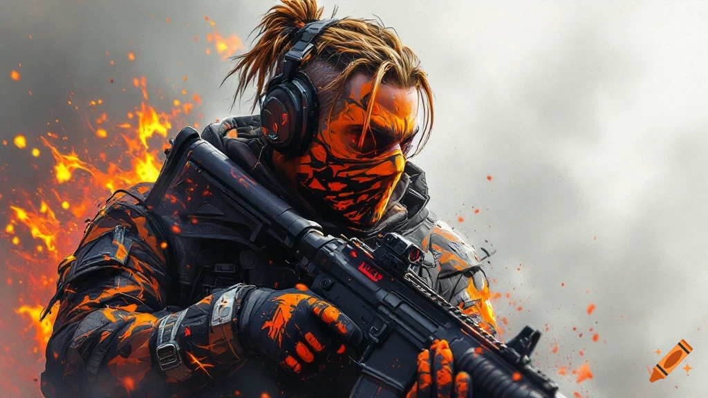 A stylized soldier with headphones and mask holds a rifle with fire effects.