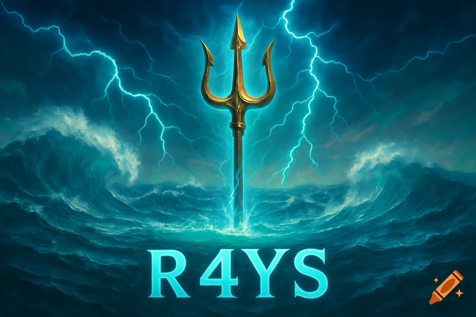 Golden trident rising from stormy sea with lightning, text R4YS at bottom.