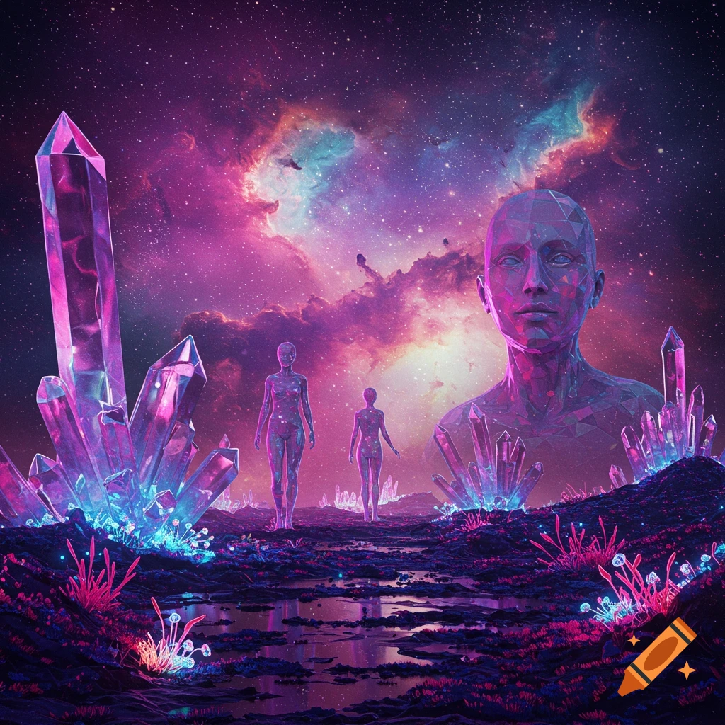 Geometric figures walk on a crystal landscape under a purple galaxy sky.