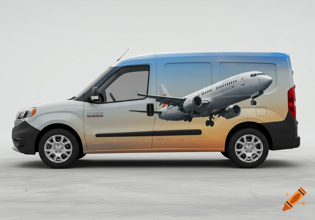 White van with large airplane graphic on its side.