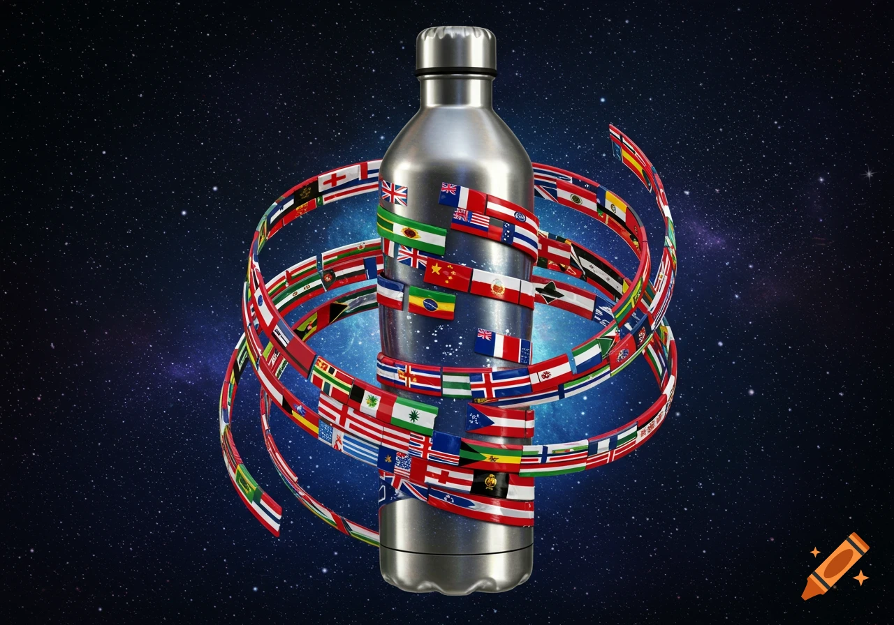A stainless steel water bottle wrapped in a spiral of world flags against a starry space background.