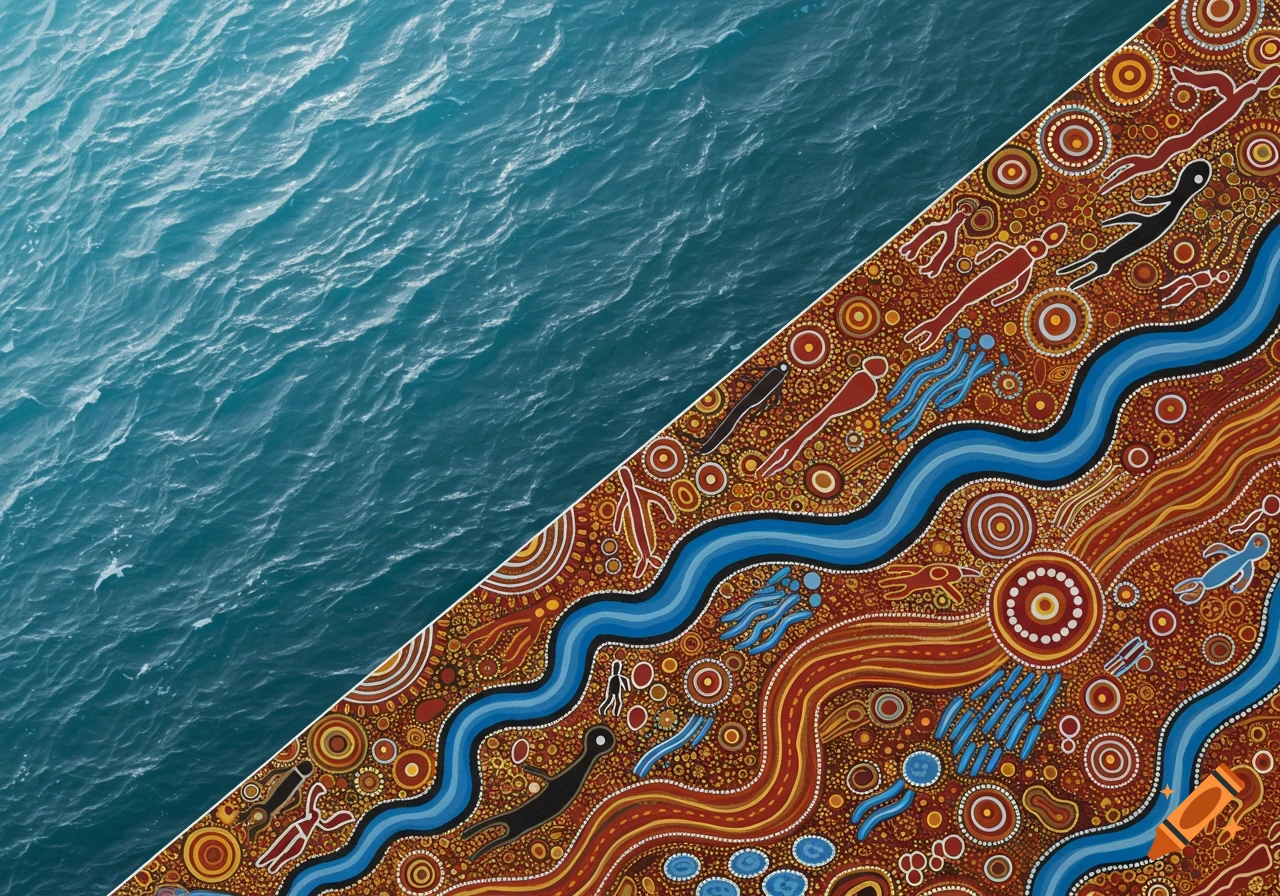 Diagonal image splitting realistic water and Aboriginal art with figures, symbols, and rivers.