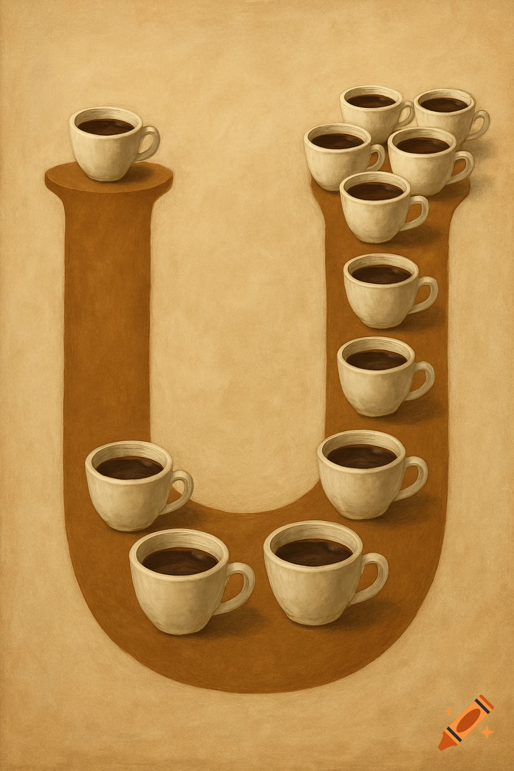 A sepia-toned painting shows coffee cups arranged on a brown shape resembling the letter U.
