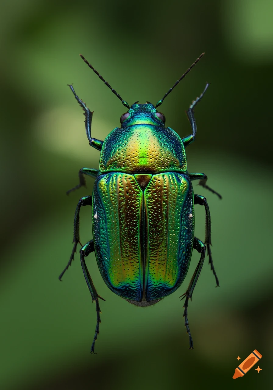 A close-up macro photo of an iridescent green and blue beetle on a green background.