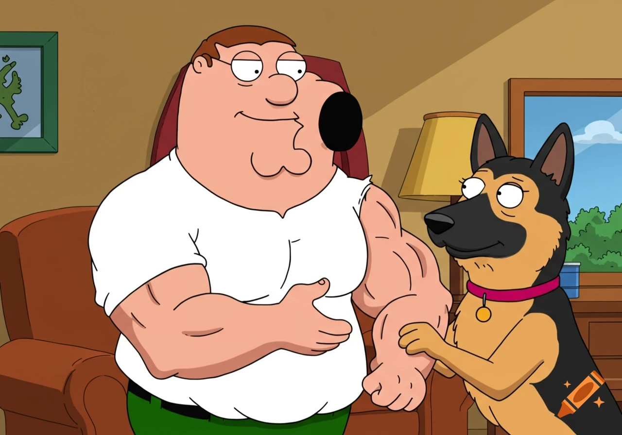 Peter Griffin with exaggerated muscles flexing, a female dog touches his arm. Cartoon style.