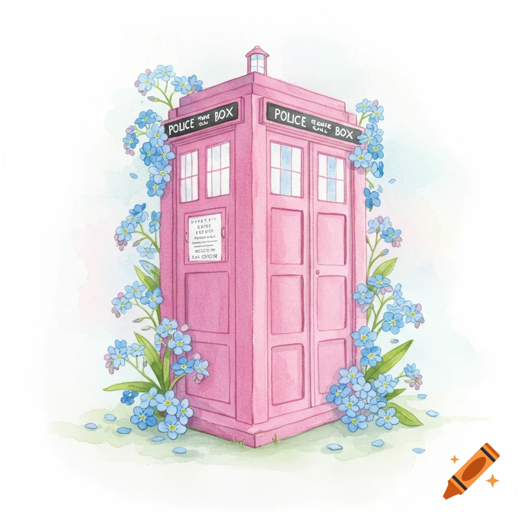 A watercolor painting of a pink TARDIS covered in blue forget-me-not flowers.