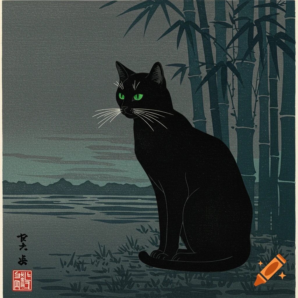 Black cat by bamboo and water in Japanese woodblock print style