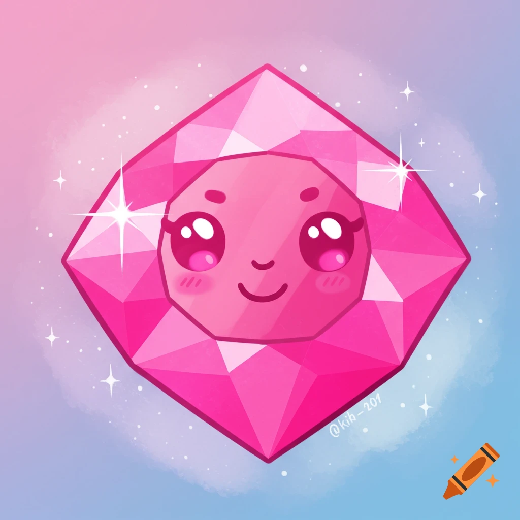 Cute pink gem with a smiling face in a sparkly pink and blue background, illustration style.