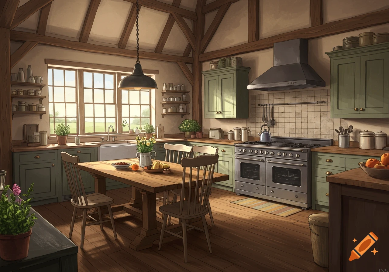 Detailed illustration of a rustic kitchen in a barn with a table, chairs, and window.