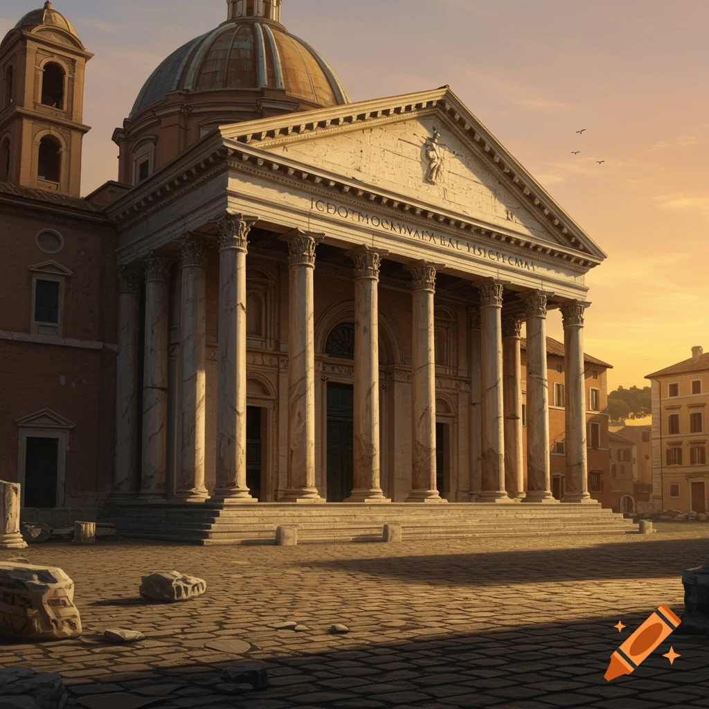 Roman-style basilica with columns under a sunset sky