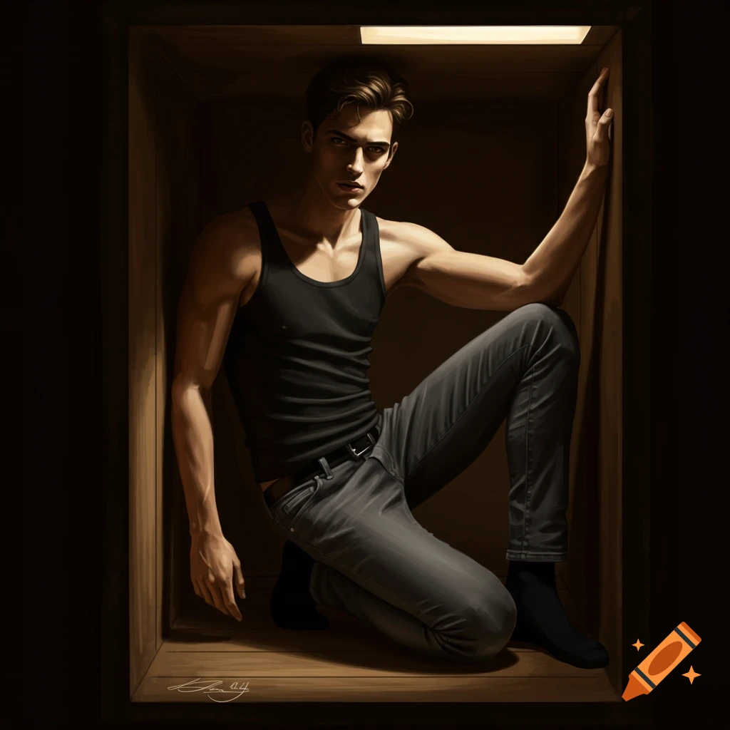 A male model poses in a dark, cramped wooden box, dramatically lit.