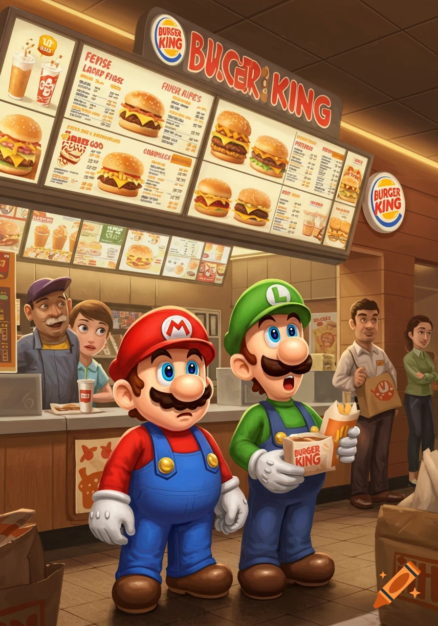 Mario and Luigi stand in a Burger King restaurant in an illustrated style.