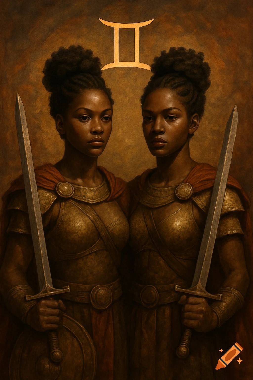 Oil painting of twin African American warrior women holding swords with the Gemini zodiac symbol above their heads.
