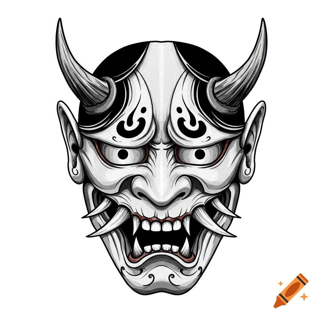 Illustration of a traditional Japanese Hanya mask in black and white with red accents.