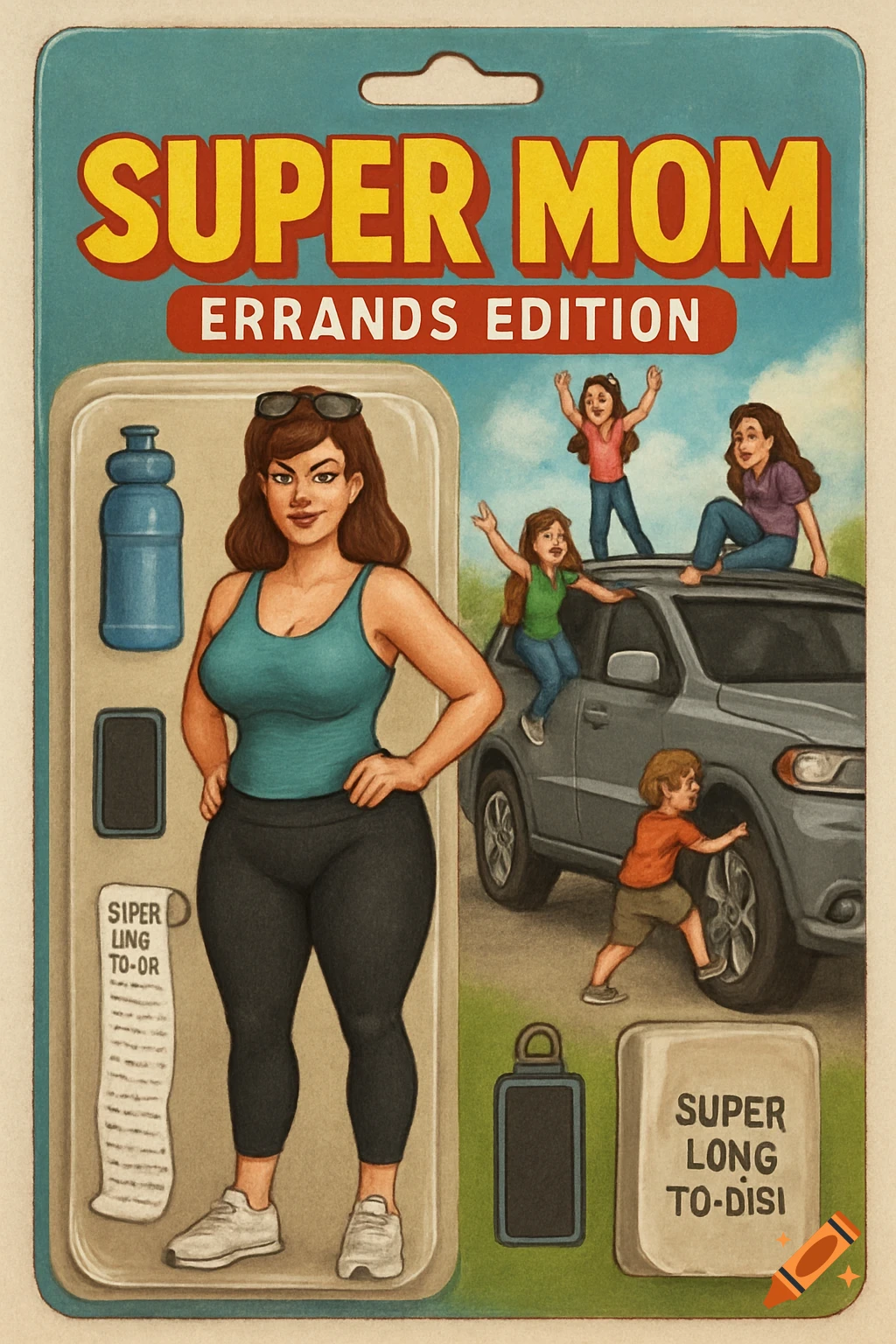Illustration of a Super Mom Errands Edition action figure in blister pack with children climbing on a car in the background.