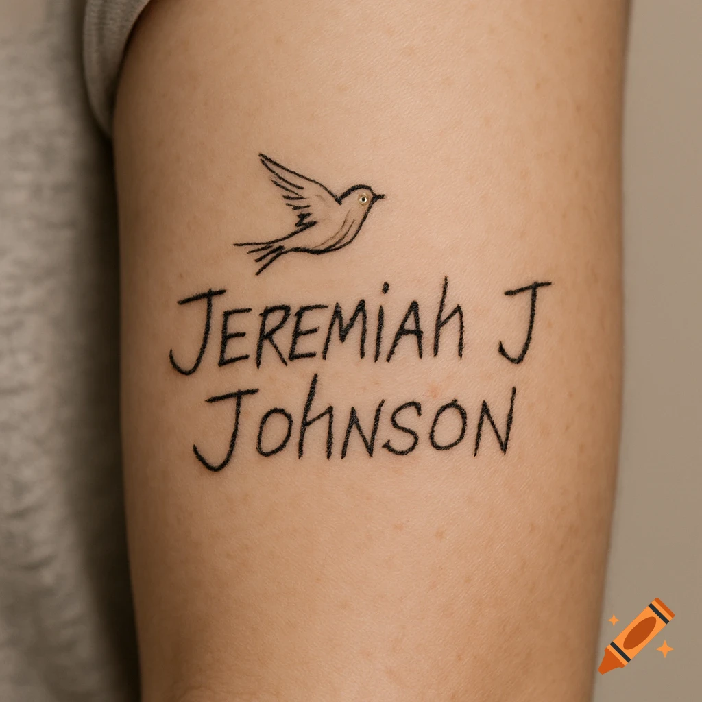 Close up of a tattoo on an arm showing the name Jeremiah J Johnson in a scratchy handwritten font, with a small sparrow bird above.
