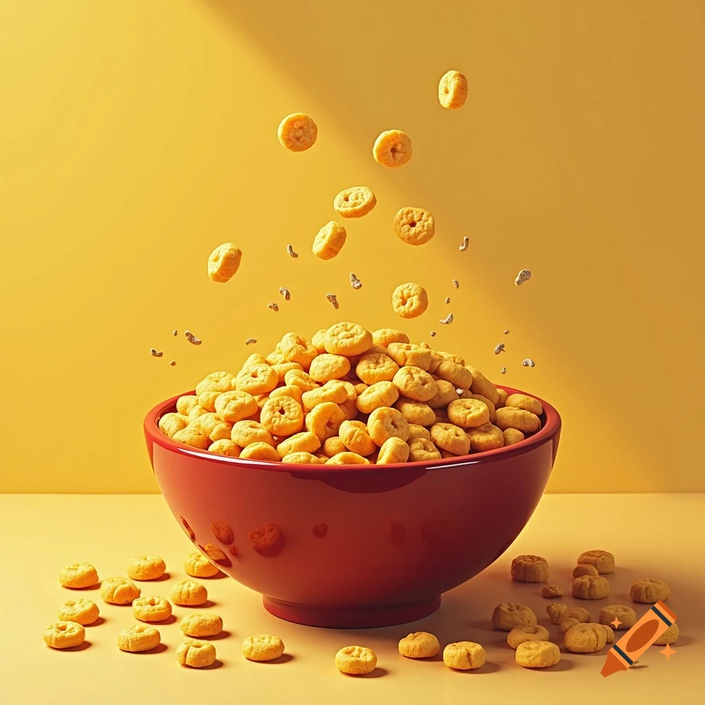 Red bowl overflowing with yellow cereal rings, with pieces floating and scattered around.