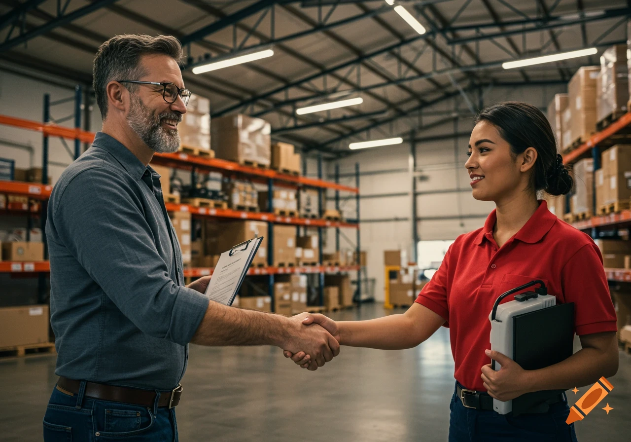 A man holding a clipboard shakes hands with a woman in a warehouse.