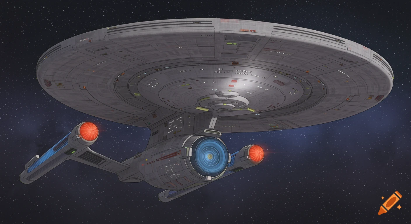 A Star Trek style spaceship flies through space.