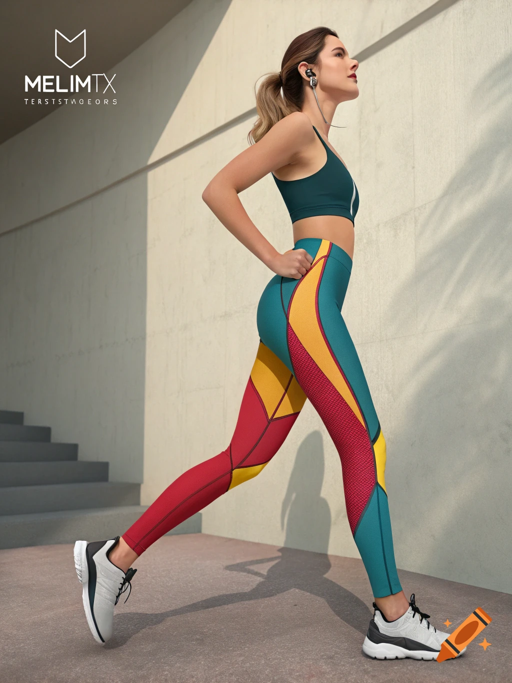 Woman in colorful sportswear and earphones running against a wall.