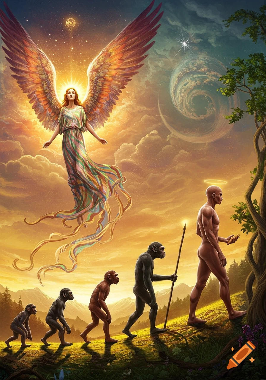 Evolutionary path from ape to human alongside a floating angel with large wings, set against a bright cosmic sky.