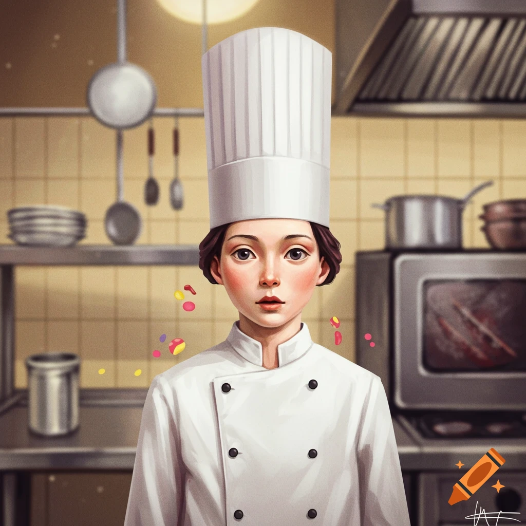 An androgynous character wearing a tall white chef's hat and jacket stands in a kitchen.