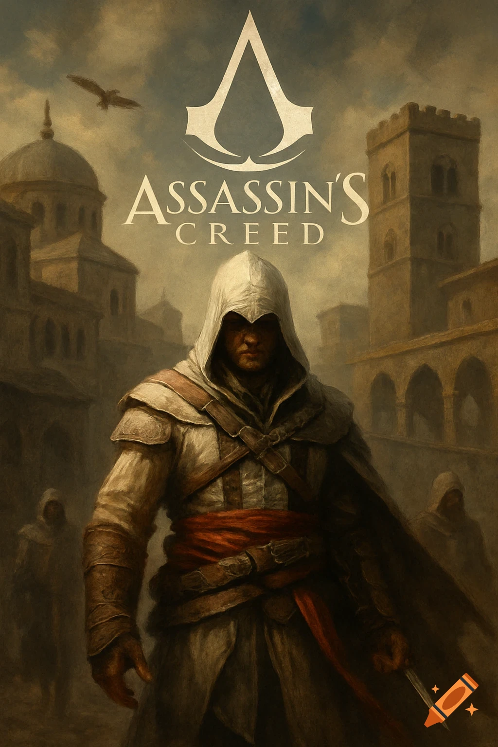 A cloaked figure with a hidden blade stands in a stylized, ancient city street, with the Assassin's Creed logo above.