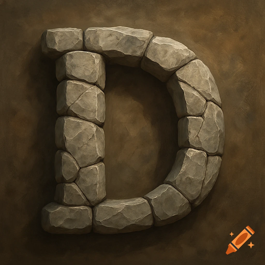 The letter D constructed from grey stones.