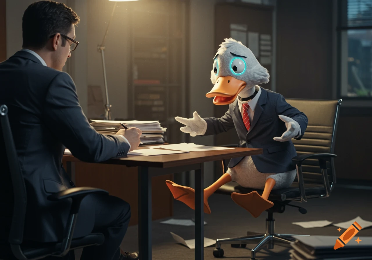 Anthropomorphic duck in a suit sits opposite a man at an office desk during an interview, photorealistic style.